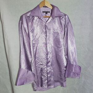 New Gen Korea Sz L Rhinestone Collar French Cuff Purple Satin Dress Shirt
